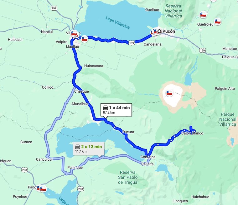 The drive from Pucón to Termas Geométricas takes about 1 hour 45 minutes to 2 hours, depending on traffic and road conditions.