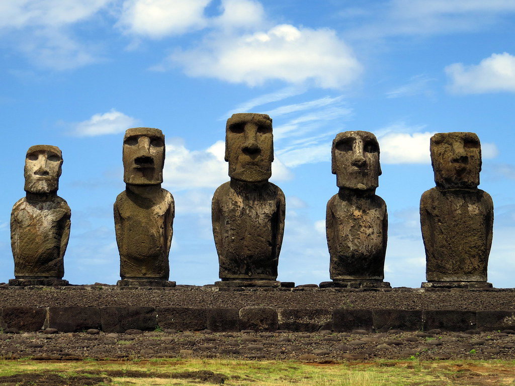 Row of moai statues under a blue sky on Easter Island
